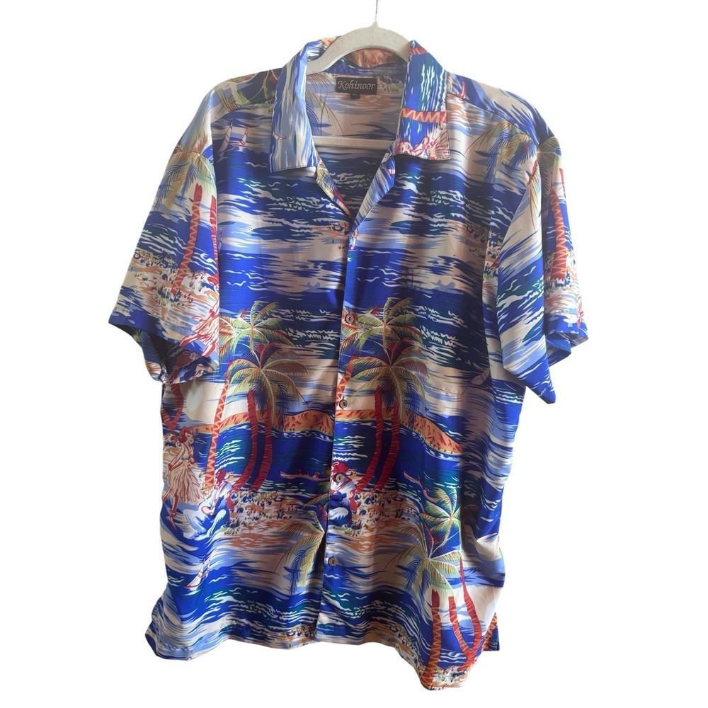 Kohinoor Men's XL Blue Hawaiian  Camp Shirt Hula Dancer Palm Trees Beach Cruise